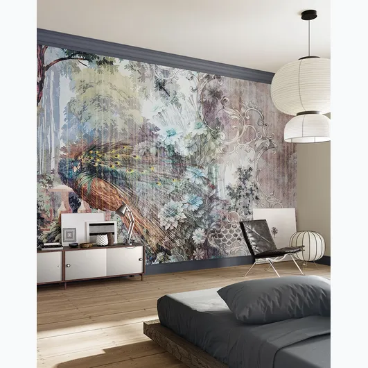 Floral wallpaper with gaudy peacock by Inkiostro Bianco.