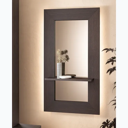 Sibilla mirror with wooden frame and Reflects shelf.