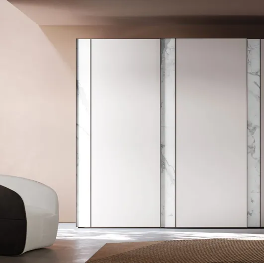 Night 32 sliding door wardrobe in Seta melamine finish with vertical band in Apuano marble melamine by Orme.