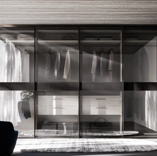 Night 33 sliding door wardrobe in bronzed glass and Charcoal Striped melamine by Orme.