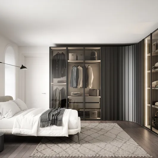 Corner wardrobe in lacquered and glass Stave by Novamobili.