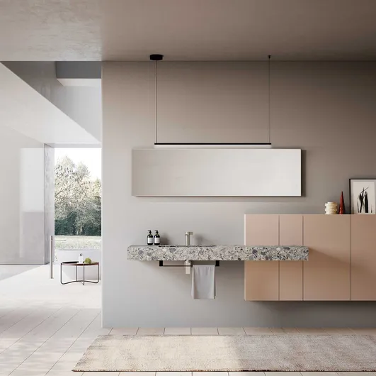 Bathroom cabinet Lime 3-0 302 in retro pink lacquer and HPL Unicolor Cepp Stone by Azzurra.