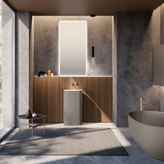Bathroom cabinet M2 System 232 in Eucalyptus veneered wood and Baxar lacquered sink.