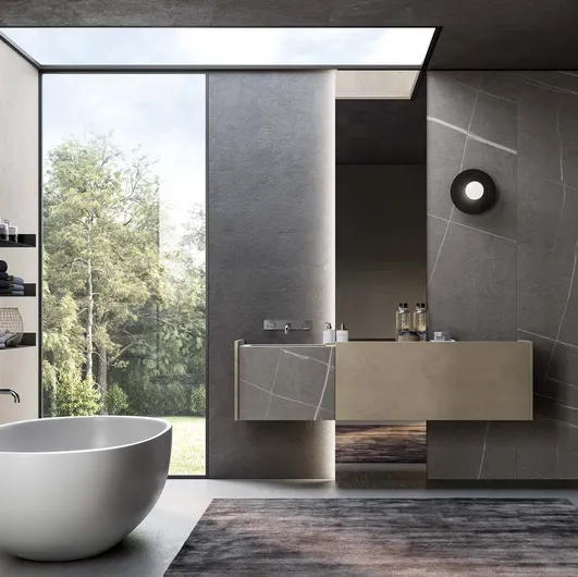 Suspended bathroom cabinet in metallic nickel lacquer and grey Major 05 gres Senda by Birex.