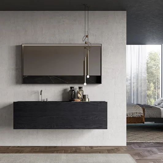 Suspended bathroom vanity unit in charcoal oak essence Sail 04 by Birex.