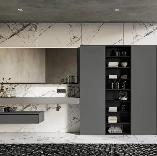 Suspended bathroom cabinet in lead-mica matte lacquered finish Traccia 02 by Birex.