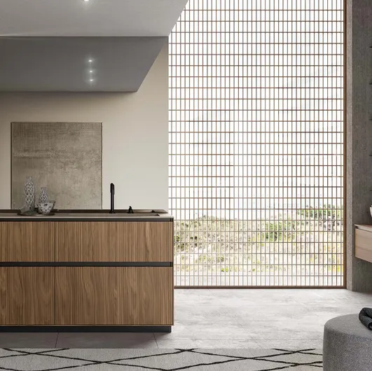 Floor-standing bathroom unit in walnut Canaletto cane with Traccia 05 design by Birex.