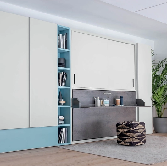 Single pull-out bed closed with integrated desk in matte lacquer Hiro wardrobe by Clever.