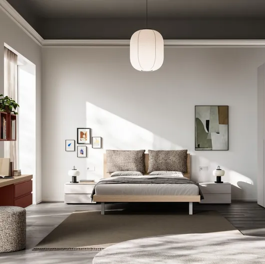 Night Cream Bed 01 in wood effect finish with Orme padded cushions.