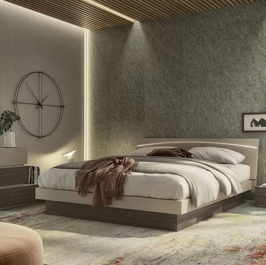 Bed with LED illuminated headboard in beige finish and dark elm Moon Led from S75