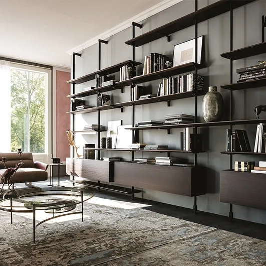 Modular wall library in embossed steel and wood Airport by Cattelan Italia.