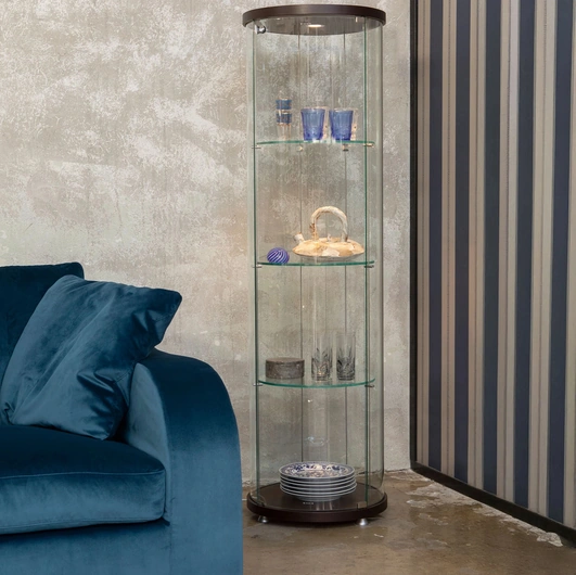 Glass bookcase with wooden top and base Ego Round by Tonin Casa.