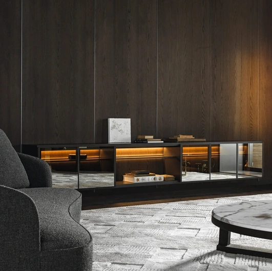 Logos Set 03 suspended bookshelf in wood with mirrored glass by Molteni & C