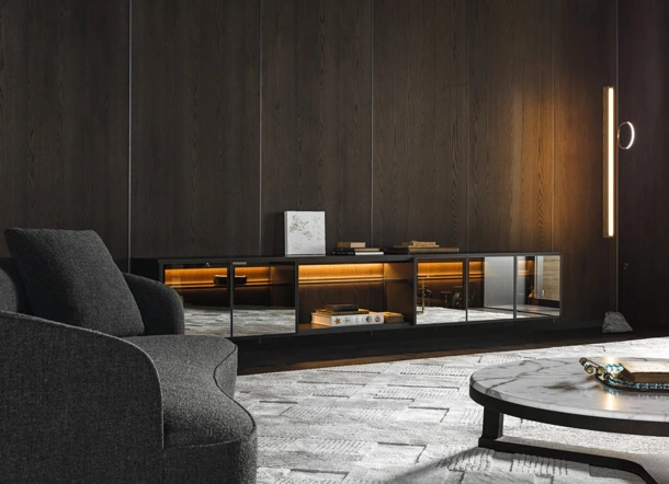 Logos Set 03 suspended bookshelf in wood with mirrored glass by Molteni & C