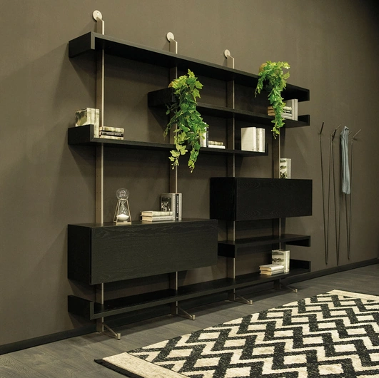 Wooden wall library with metal uprights Plan by Tonin Casa.