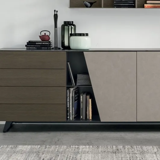 Diagonal media cabinet in moka oak and cement gray texture by Tomasella.