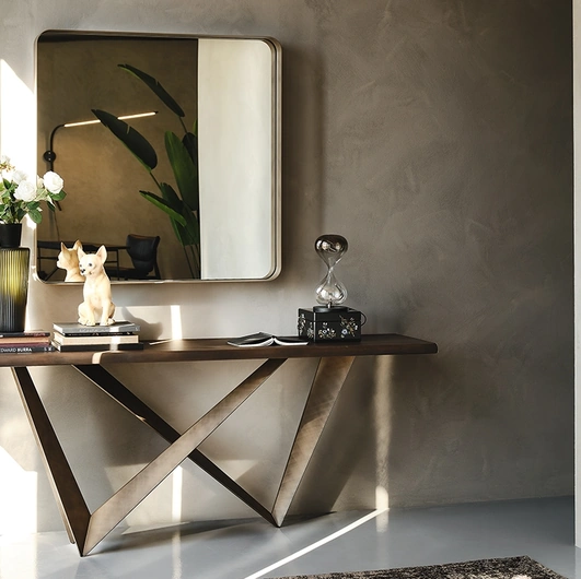 Westin Wood-C console with wooden top and steel base by Cattelan Italia.