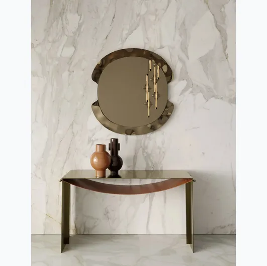 Entrance mobile console Piper in steel with leather shelf by Bontempi.