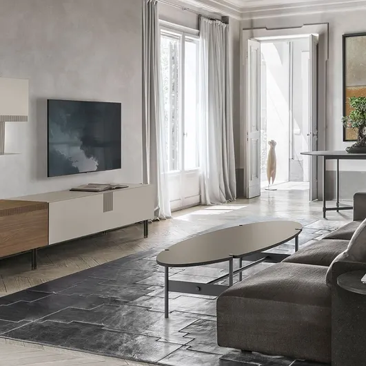 TV stand TIME UNIT TI 105 in walnut amber and mother-of-pearl CDF by Tomasella.