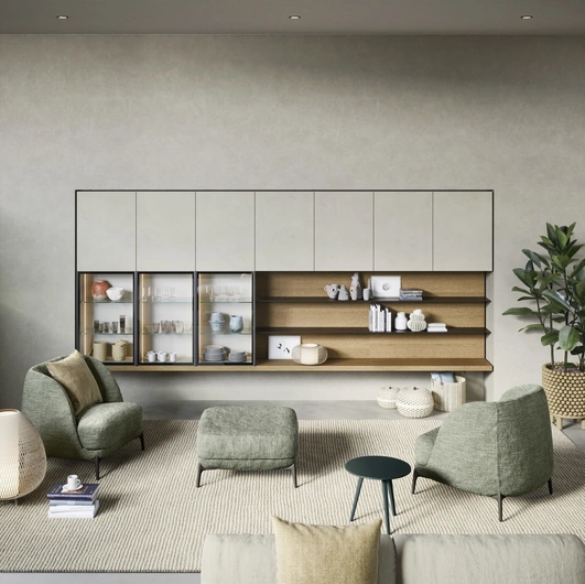 Wall-mounted shelves and surfaces by Novamobili.
