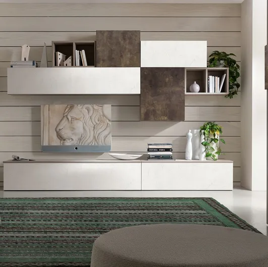 Equipped wall unit in white melamine cement and Vulcan Supreme City 03 by S75.