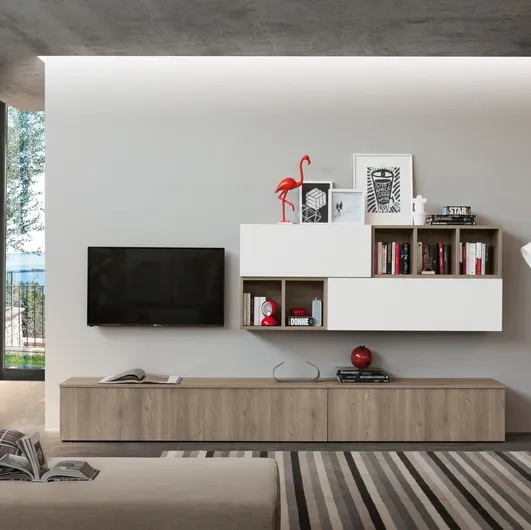 Equipped wall unit in flamed oak finish and white malè Supreme Ingrid Oak 01 by S75.