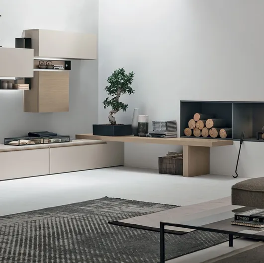 Wall unit Atlante UNIT AT125 in matt pearl material and sand oak wood by Tomasella.