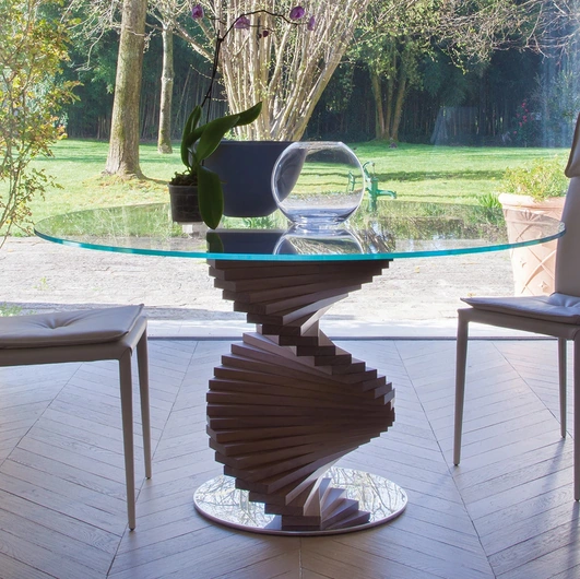 Round table Florence with wooden base and glass top by Tonin Casa