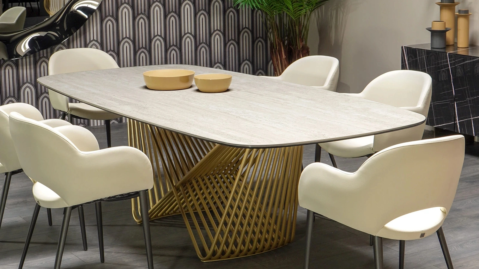 Tension table with travertine stoneware top by Tonin Casa.