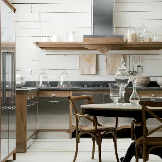 Classic corner kitchen in steel and wood Dechora by Marchi.