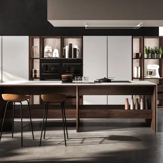 Design Kitchen with K table island in lacquered and Maistri wood
