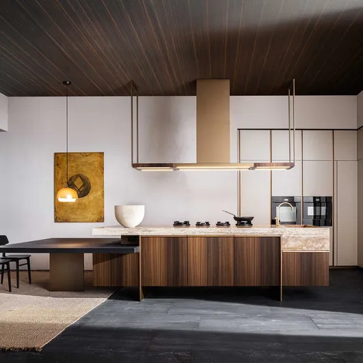 Design kitchen with Ratio island in Eucalyptus with Travertine marble top by Molteni & C.