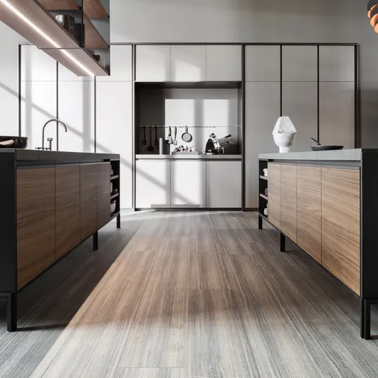 Design kitchen with VVD island in Walnut with a Green Porphyry top and matte lacquered columns by Molteni & C