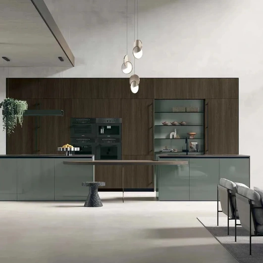 Modern kitchen in thermally treated oak with an island in glossy lacquered Color Trend 06 by Stosa
