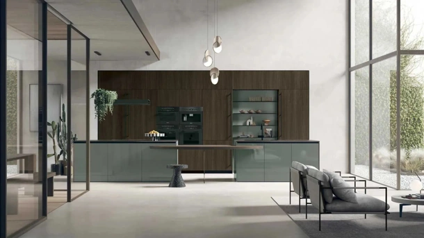 Modern kitchen in thermally treated oak with an island in glossy lacquered Color Trend 06 by Stosa