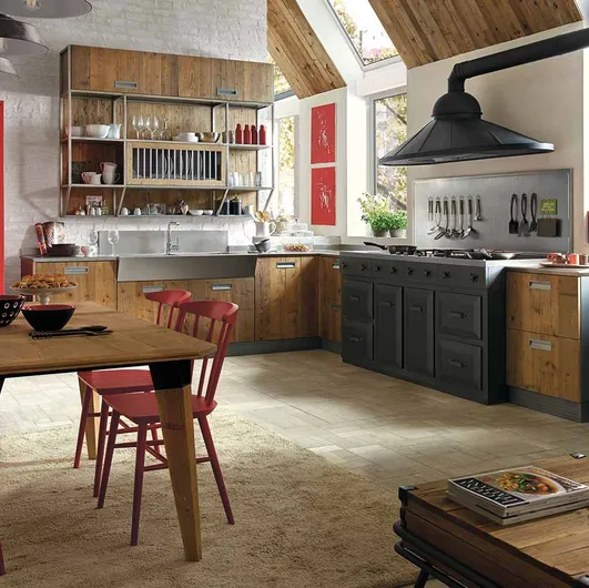 Modern angular kitchen Lab 40 in lacquered and natural wood by Marchi.