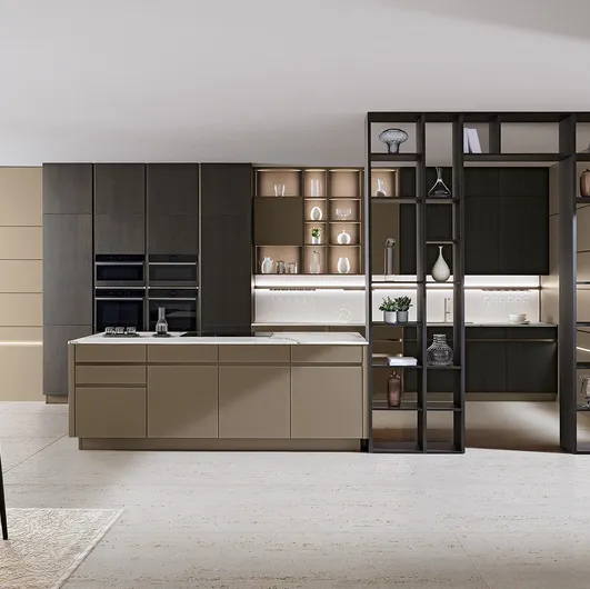Modern kitchen with iconic 01 island in smooth and fluted Cappuccino glass, base columns and wall units in dark Ash from Veneta Cucine.