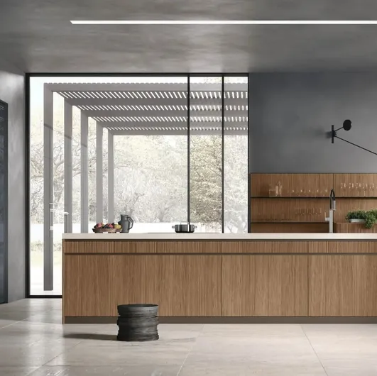 Modern Kitchen with Natural 03 Walnut Island and Glossy Lacquered finish by Stosa