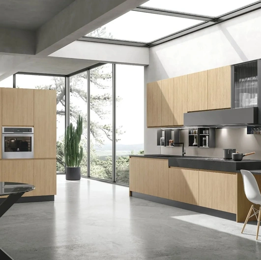 Modern Corner Kitchen Karma 08 in Thermally Structured Essence Oak by Stosa