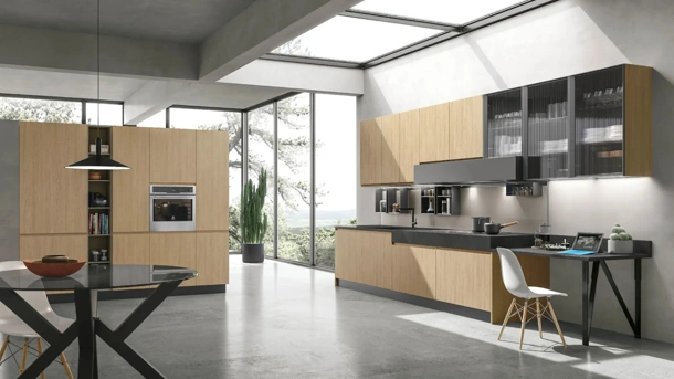 Modern Corner Kitchen Karma 08 in Thermally Structured Essence Oak by Stosa