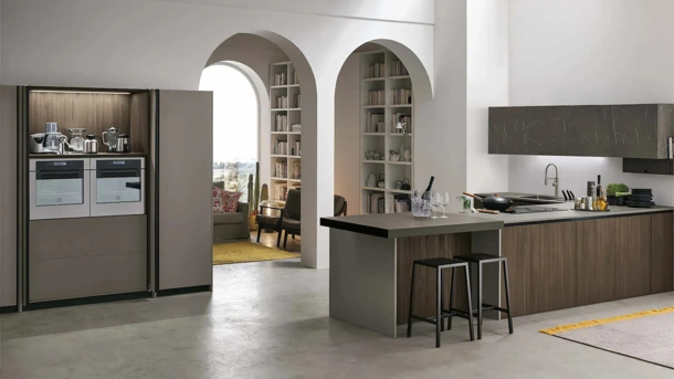 Modern Kitchen with Metropolis 04 Peninsula in Brown Larch and PET by Stosa