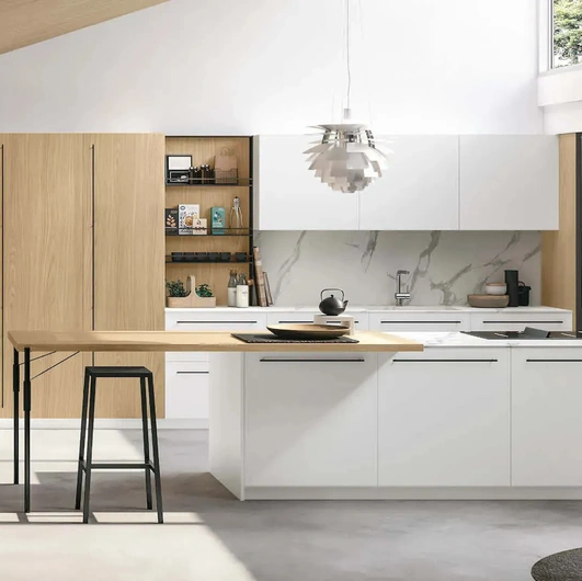 Modern Kitchen with Metropolis 06 Peninsula in White PET and Sun Oak by Stosa
