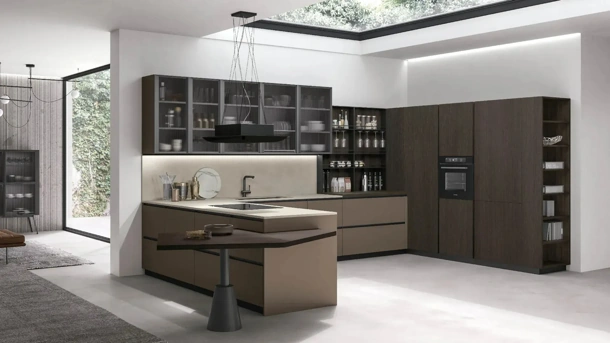 Modern Kitchen with Metropolis 10 Peninsula in Pet Coffee and Rovere Conero by Stosa