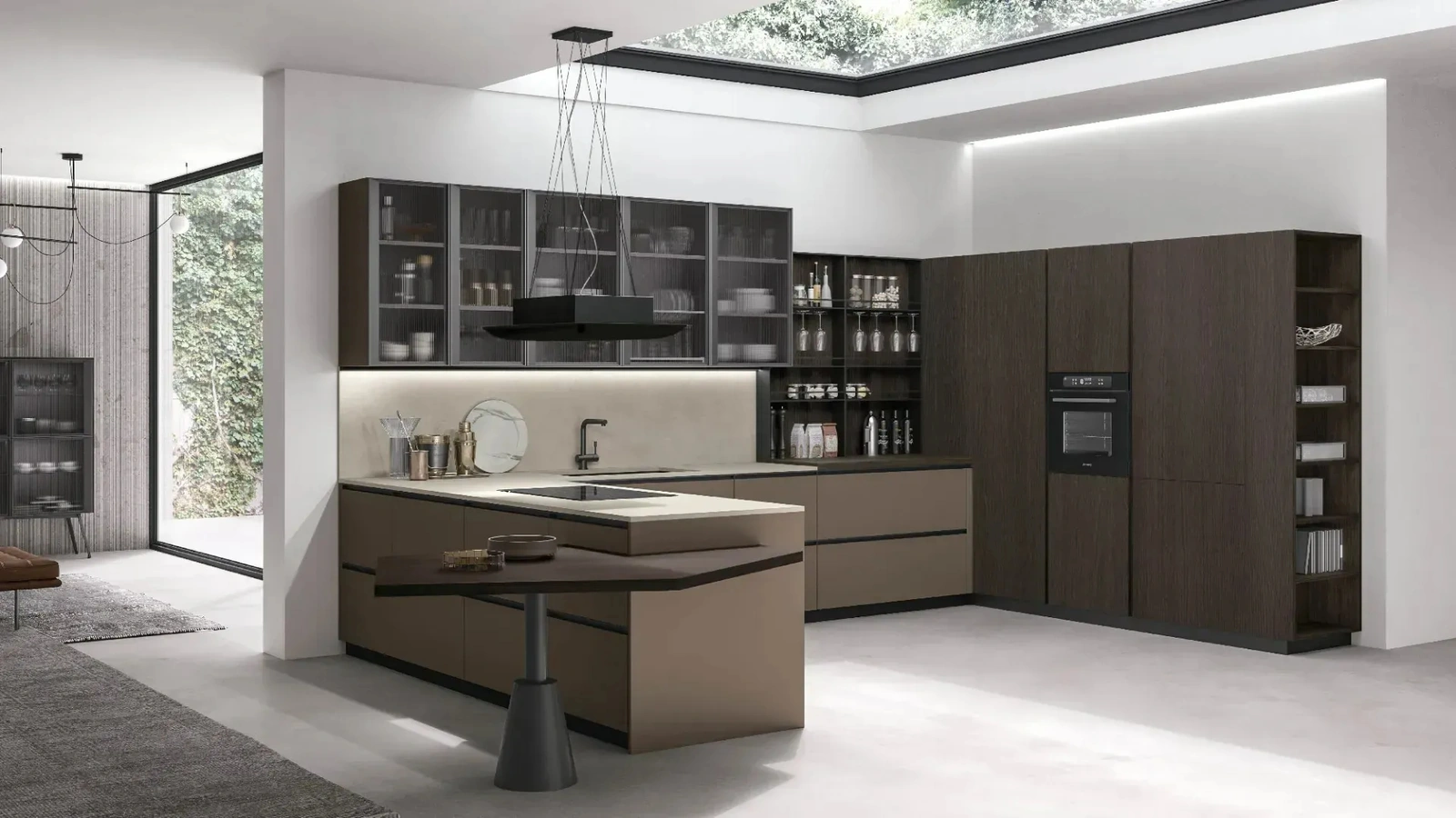 Modern Kitchen with Metropolis 10 Peninsula in Pet Coffee and Rovere Conero by Stosa