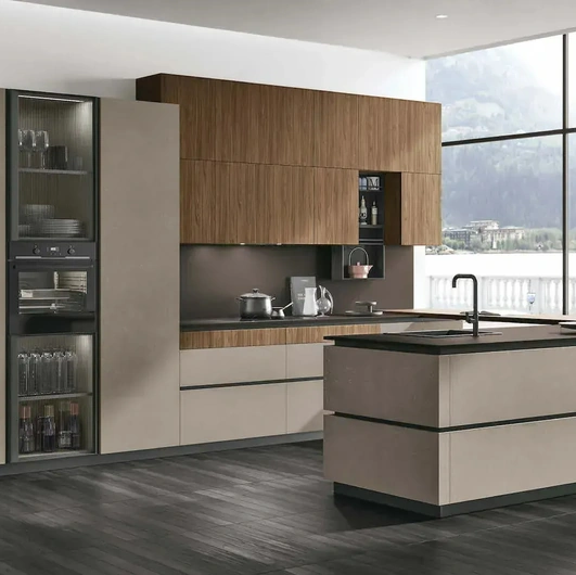 Modern Kitchen with Metropolis 12 island in Cement Visone and Eucalyptus Walnut by Stosa
