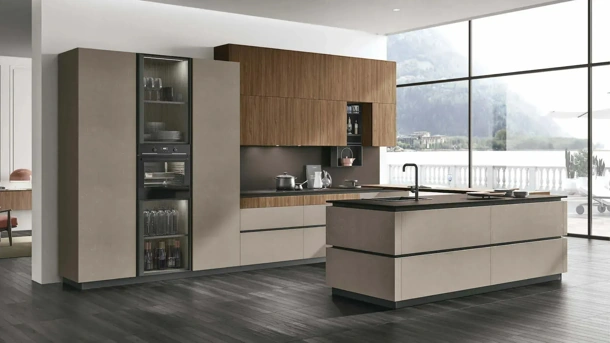 Modern Kitchen with Metropolis 12 island in Cement Visone and Eucalyptus Walnut by Stosa