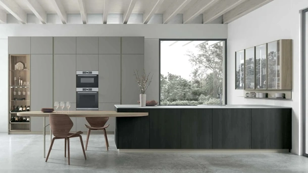 Modern Kitchen in Grey Smoke PET with Larice Noir Metropolis 15 Peninsula by Stosa