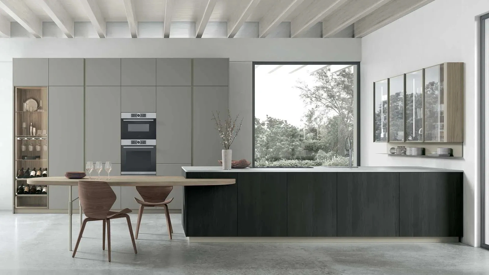 Modern Kitchen in Grey Smoke PET with Larice Noir Metropolis 15 Peninsula by Stosa