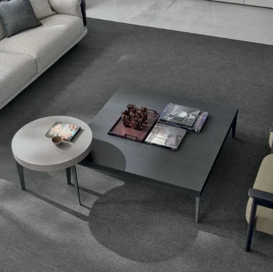 Atollo coffee table in alpaca material and charcoal oak material by Tomasella.