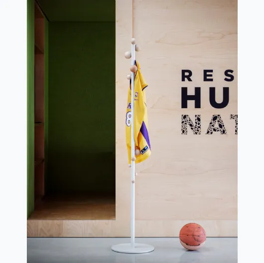 Bubble coat rack in white lacquered metal with beech spheres by Miniforms.